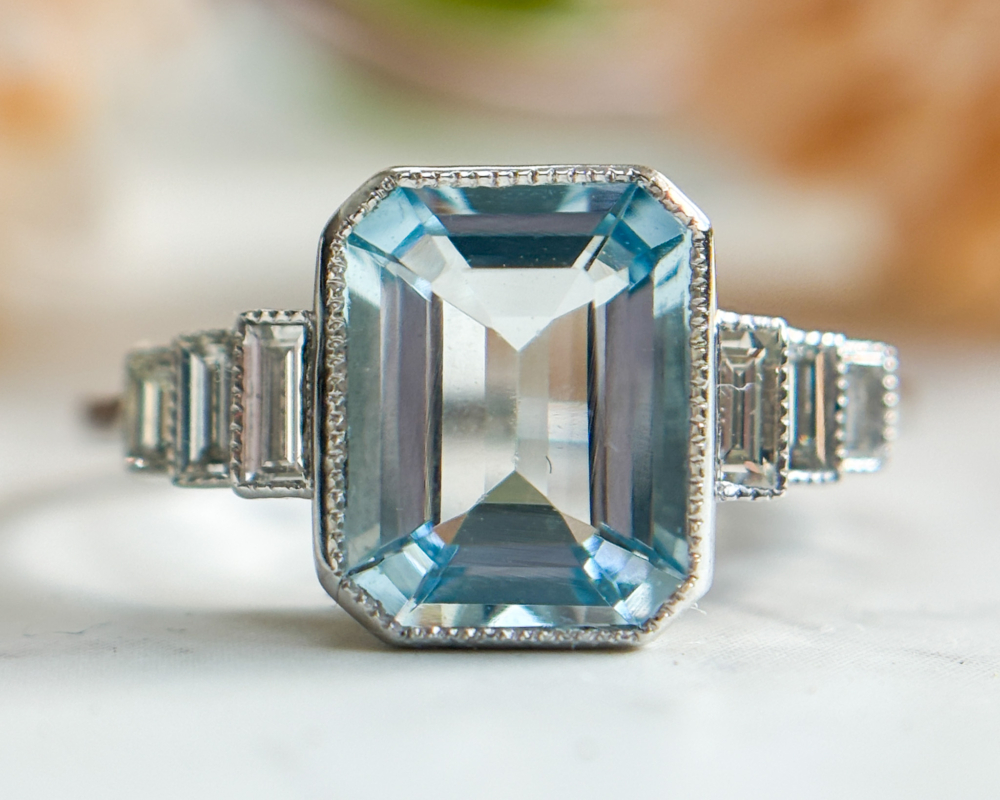 art deco style aquamarine and baguette diamond statement ring in platinum for sale in Leeds, UK