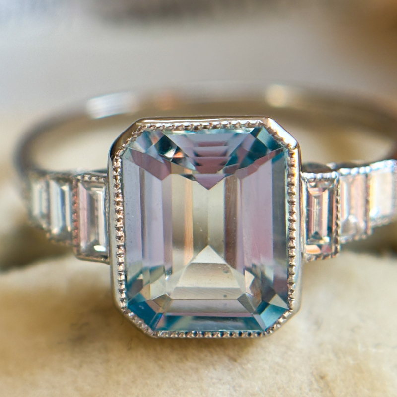 art deco style aquamarine and baguette diamond statement ring in