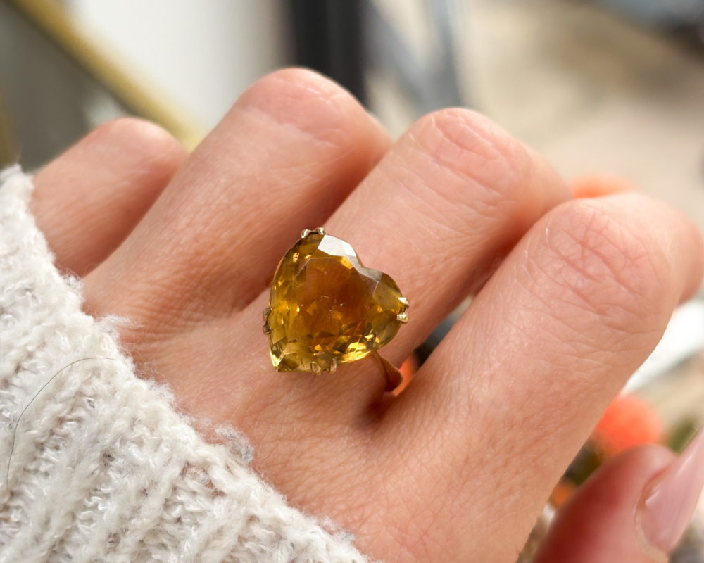 vintage 9ct gold citrine heart shaped ring for sale in Leeds, UK on finger