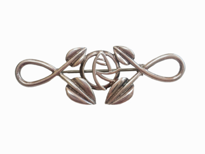 vintage sterling silver rennie mackintosh style brooch with rose and leaf motif for sale in Leeds, UK