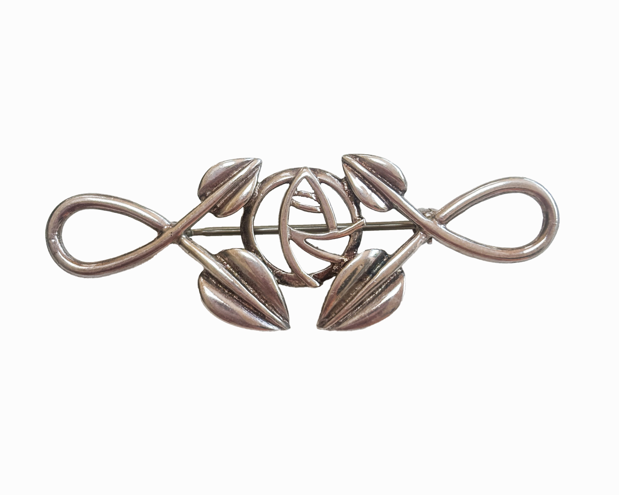 vintage sterling silver rennie mackintosh style brooch with rose and leaf motif for sale in Leeds, UK