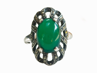 art deco silver and marcasite ring with a green stone for sale in Leeds