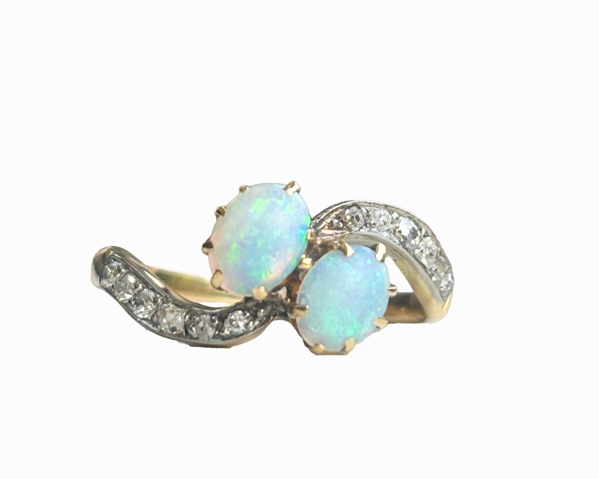 antique Victorian opal an diamond toi et moi ring in 18ct yellow gold for sale in Leeds, Yorkshire