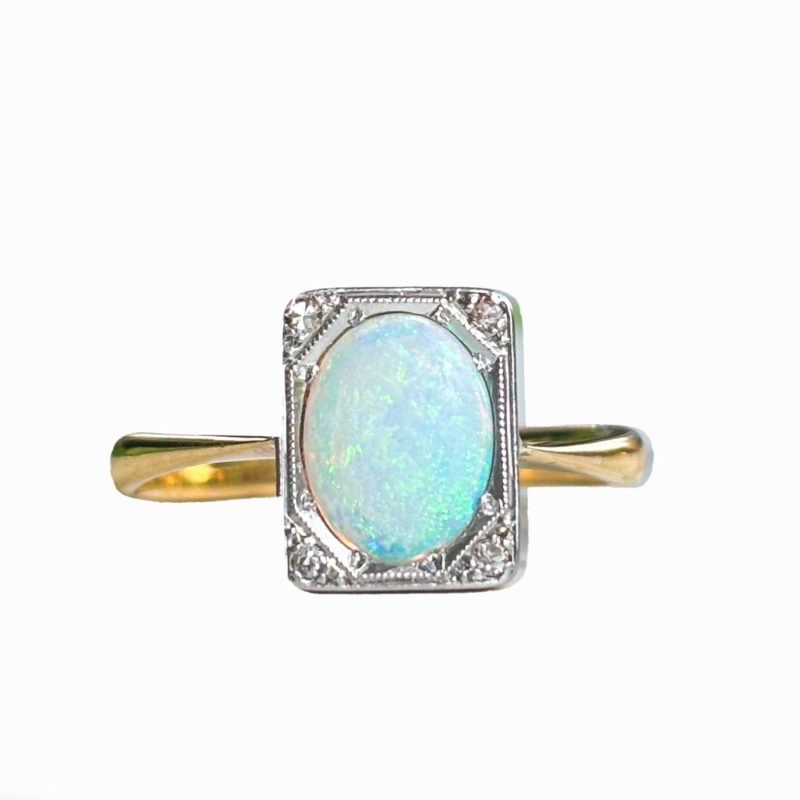 antique Art Deco opal and diamond ring with rectangular setting for sale in Leeds, Yorkshire