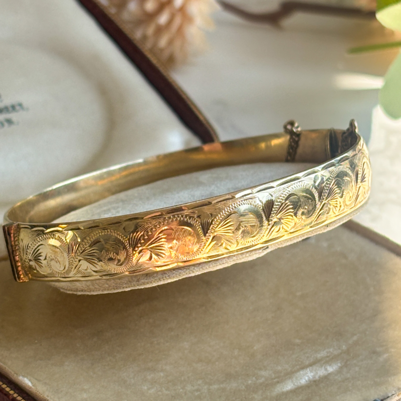vintage rolled gold bangle shown in presentation box. For sale in Leeds, UK