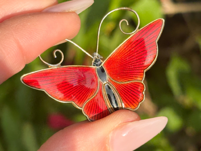 David Andersen butterfly brooch in silver and enamel. Mid century Norwegian brooch for sale in Leeds, Yorkshire