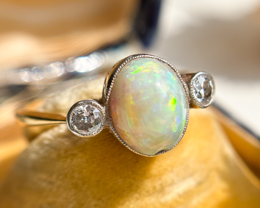 IMG_2878 antique Victorian opal and diamond three stone ring in an antique ring box
