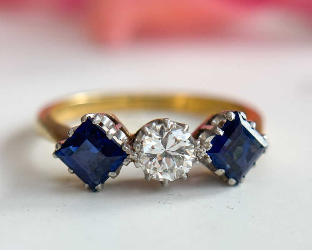 antique Art Deco sapphire and diamond three stone ring with old cut diamond and square cut sapphires for sale in Leeds, Yorkshire