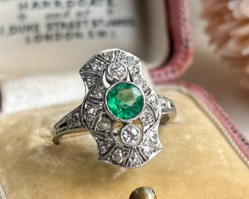 antique Art Deco paste and diamond ring set in platinum. Shown in box, for sale in Leeds, Yorkshire, UK