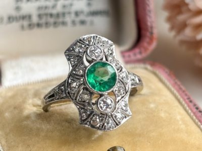 antique Art Deco paste and diamond ring set in platinum. Shown in box, for sale in Leeds, Yorkshire, UK