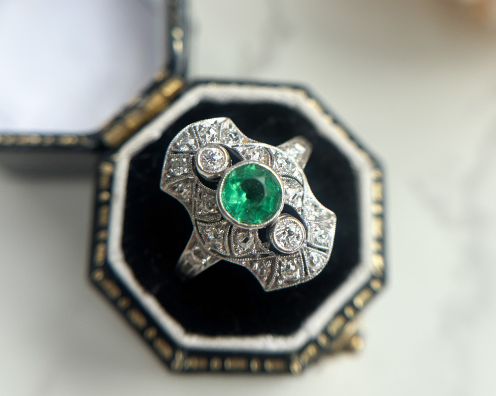 antique Art Deco paste and diamond ring set in platinum. Shown in box, for sale in Leeds, Yorkshire, UK