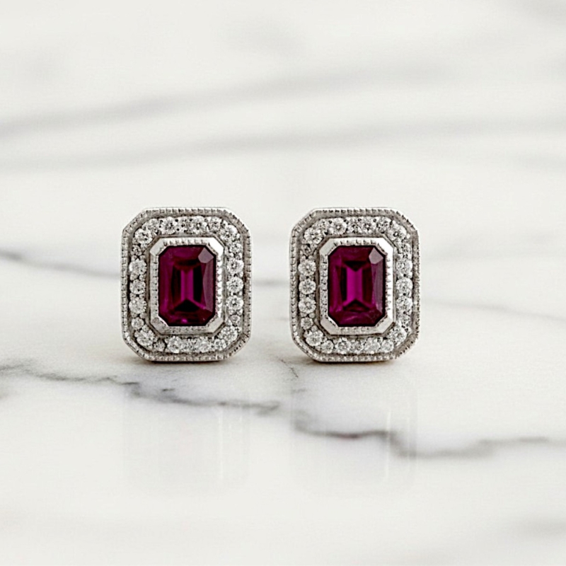 art deco style ruby and diamond stud earrings for pierced ears