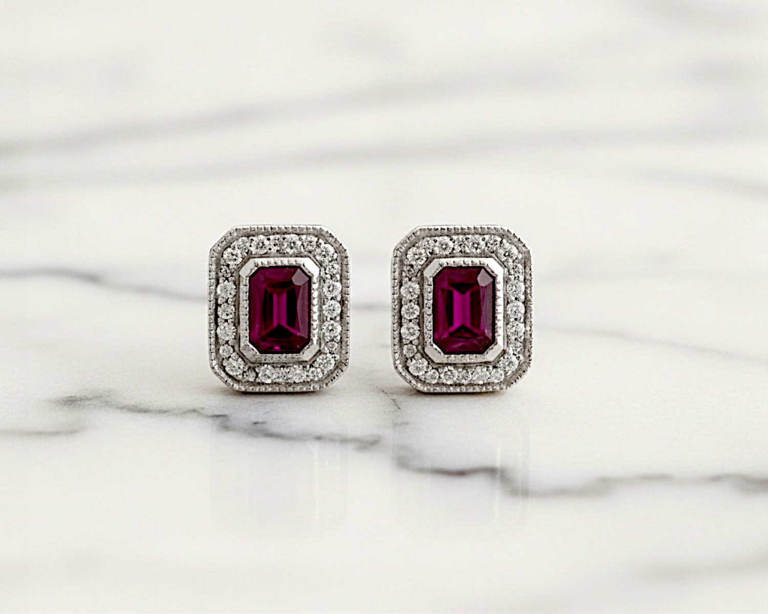 art deco style ruby and diamond stud earrings for pierced ears