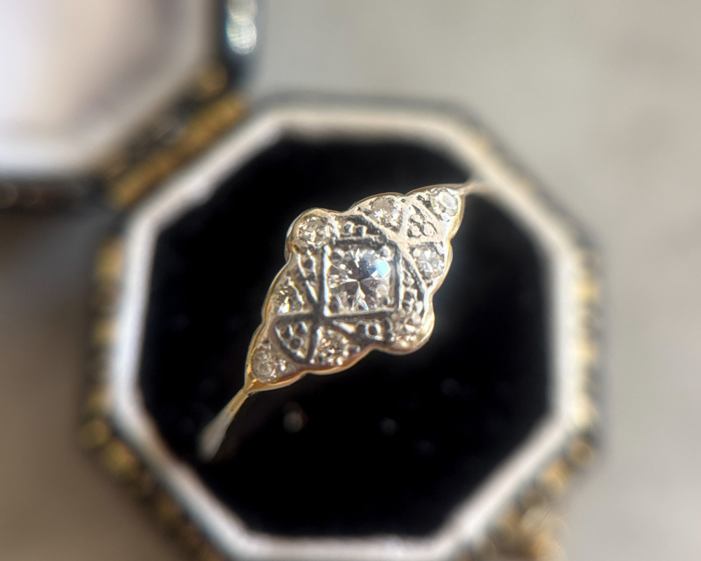 Art Deco diamond cluster ring for sale in Leeds, UK shown in presentation box