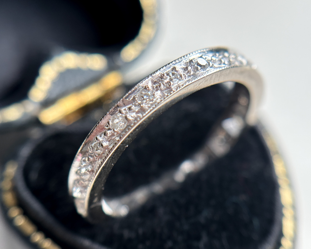 antique Art Deco platinum diamond full eternity ring for sale in Leeds shown in box