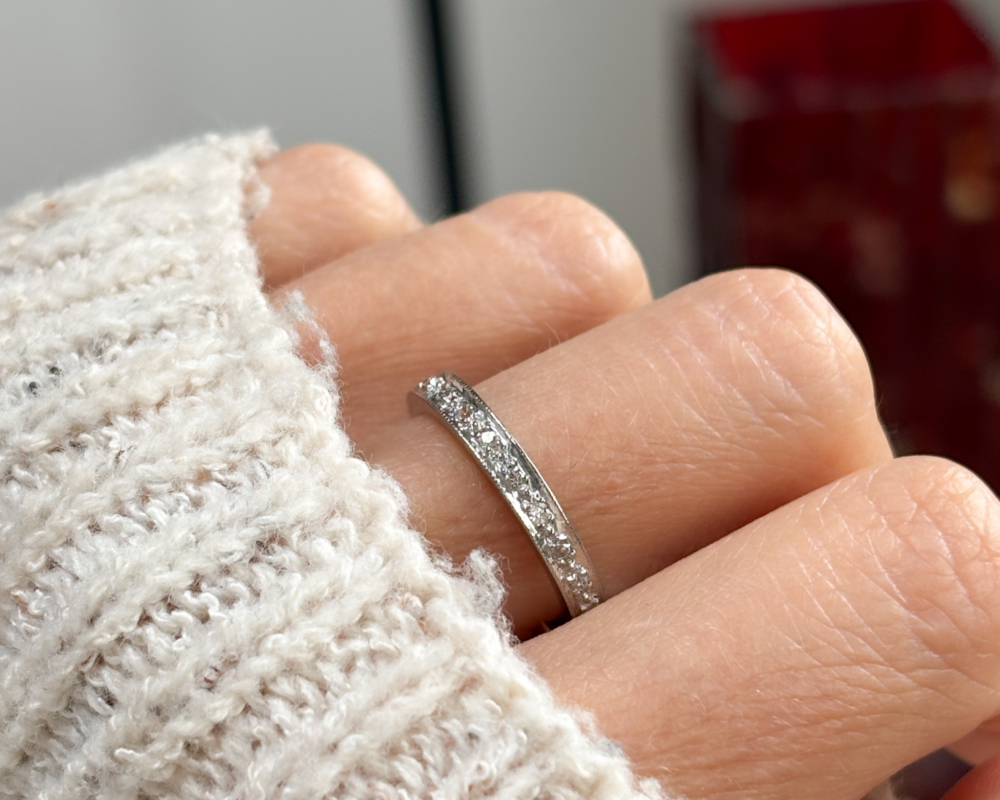 antique Art Deco platinum diamond full eternity ring for sale in Leeds shown on lady's finger