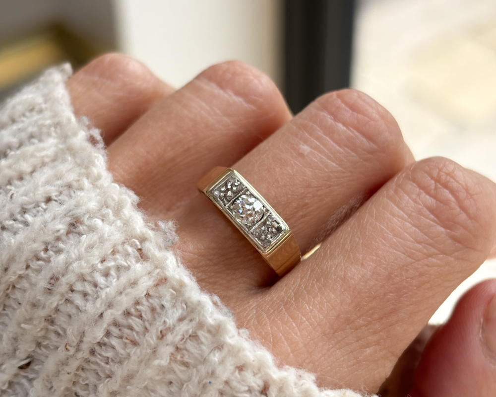antique 1930s old cut diamond ring set in 14ct gold for sale in leeds, shown on a lady's finger
