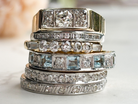 a stack of antique and vintage eternity rings for sale at Aladdin's Cave Jewellery in leeds