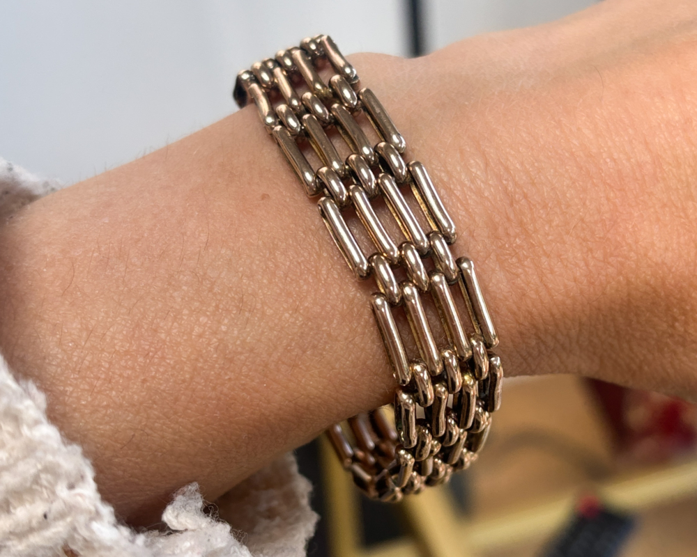 antique 9ct gold gate bracelet for sale in Leeds, UK shown on a lady's wrist