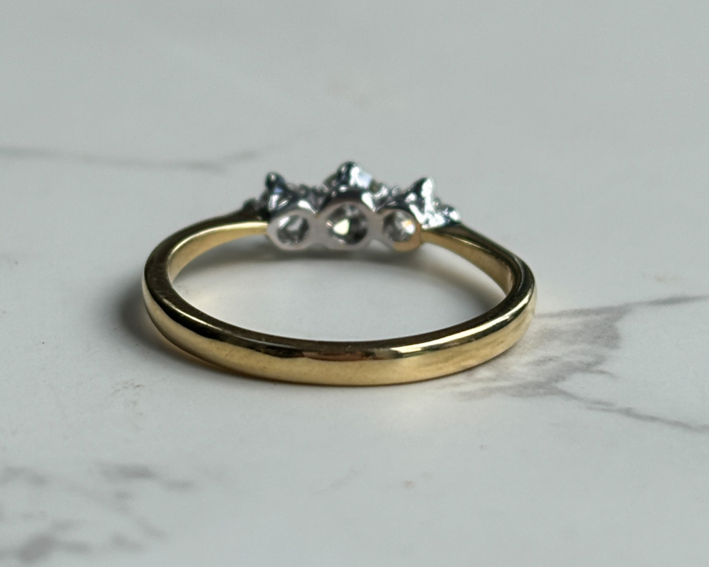 antique Art Deco three stone diamond ring set in 18ct gold for sale in Leeds, showing back of the ring