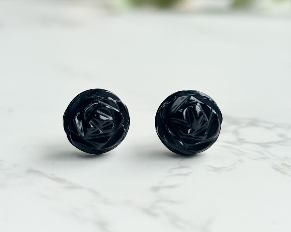 antique Whitby Jet stud earrings with silver backs