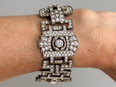 vintage 'art deco '89' silver tone and crystal bracelet for sale in Leeds, shown on woman's wrist