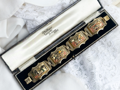 vintage spanish damascene bracelet depicting bullfighters in gold tone metal for sale,