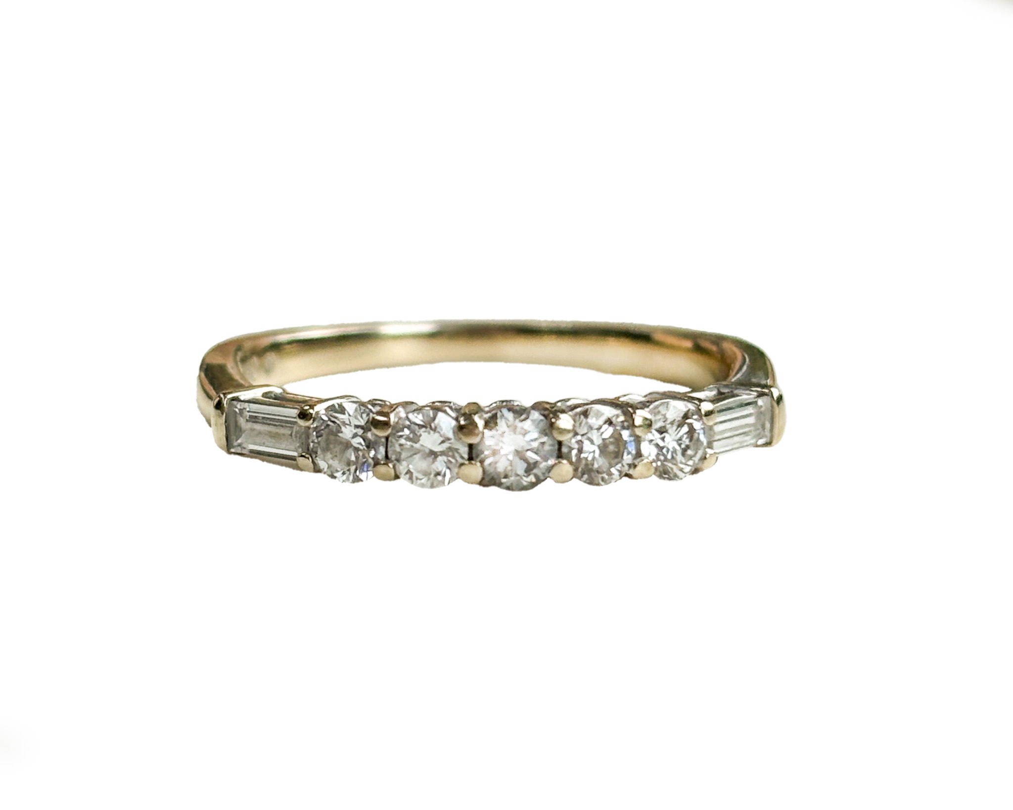 vintage half eternity ring with brilliant cut and baguette cut diamonds in 18ct yellow gold for sale in Leeds, UK