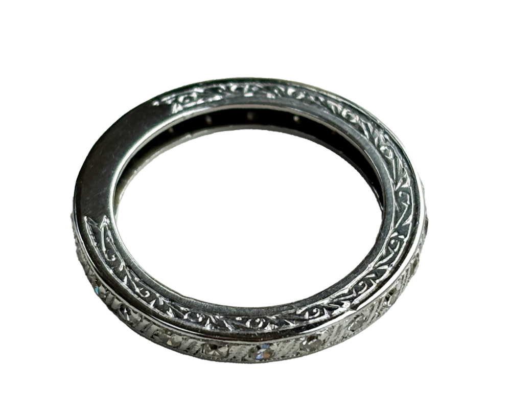 antique Art Deco 1930s diamond full eternity ring in platinum for sale in Leeds showing underside of the ring