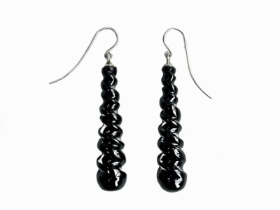 silver and whitby jet long dangly hand carved earrings for pierced ears