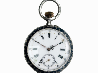 antique silver pocket watch with top winding mechanism and enamel for sale in Leeds, Uk