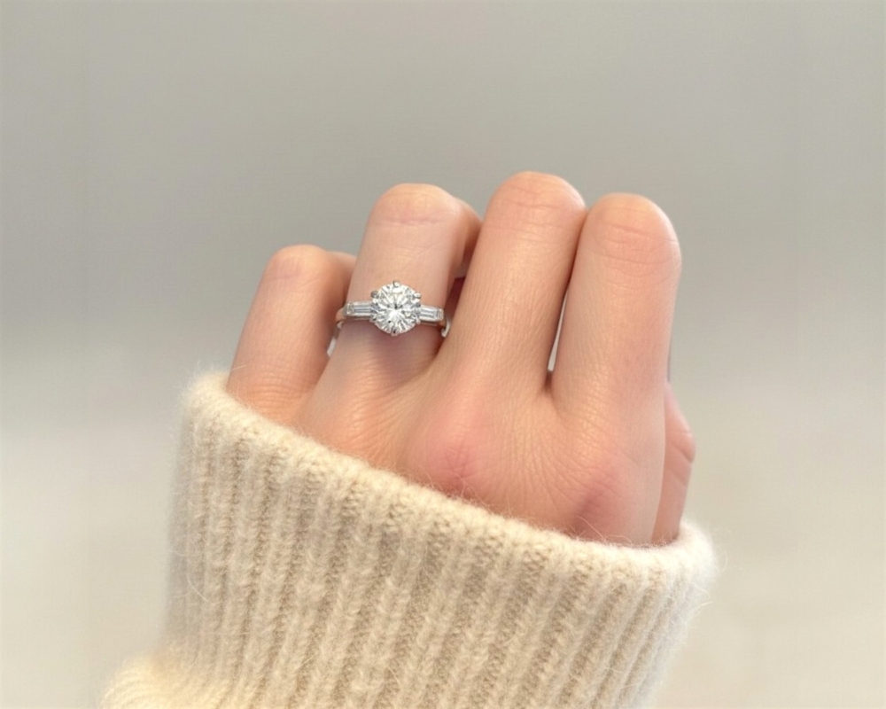 antique Art Deco 2ct diamond solitaire ring in platinum with baguette diamonds for sale in Leeds, UK, on model's hand