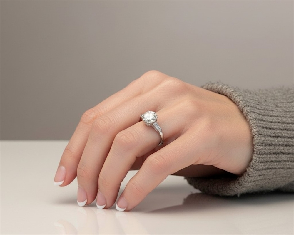 antique Art Deco 2ct diamond solitaire ring in platinum with baguette diamonds for sale in Leeds, UK on model's hand