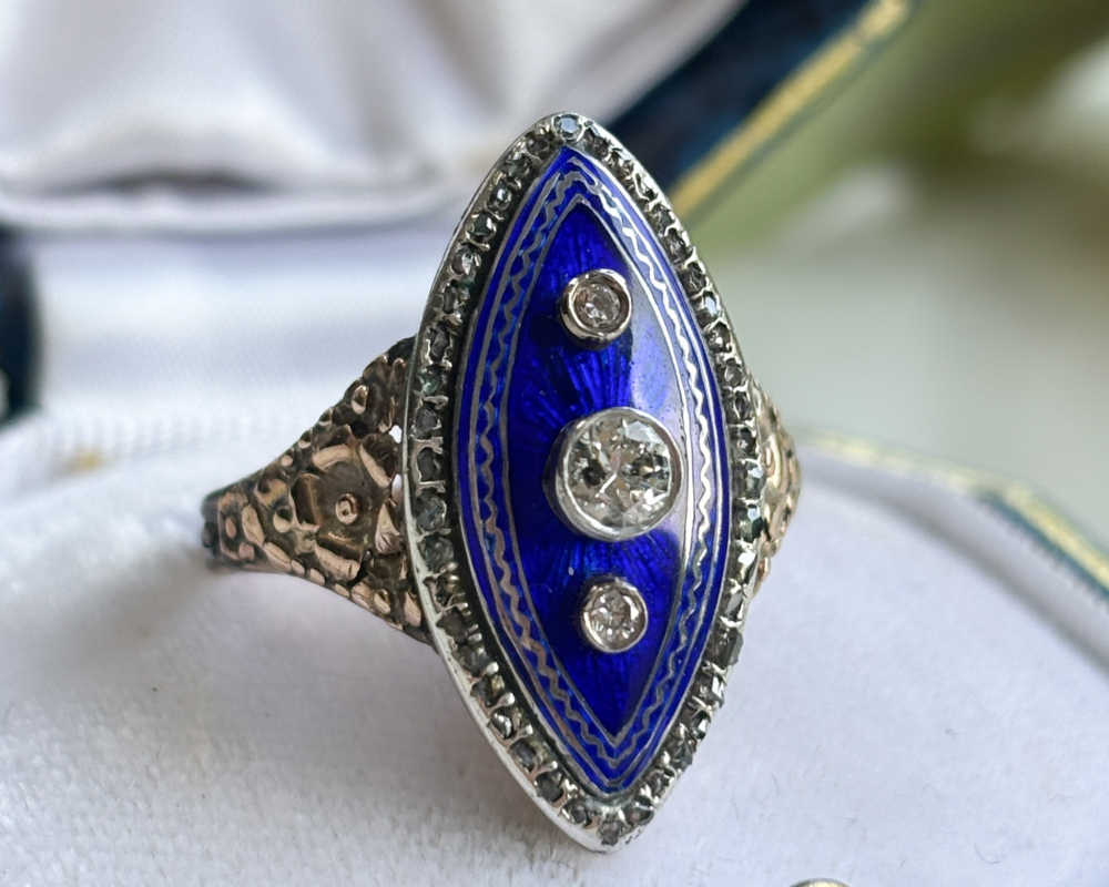 early Victorian cobalt blue enamel and old cut diamond navette ring for sale in Leeds, set in 15ct gold