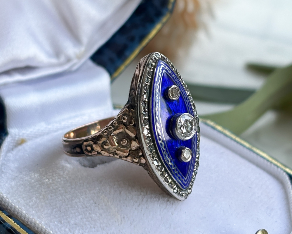 early Victorian cobalt blue enamel and old cut diamond navette ring for sale in Leeds, set in 15ct gold