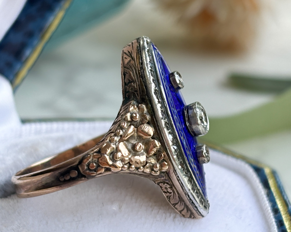 early Victorian cobalt blue enamel and old cut diamond navette ring for sale in Leeds, set in 15ct gold, showing side profile of the ring