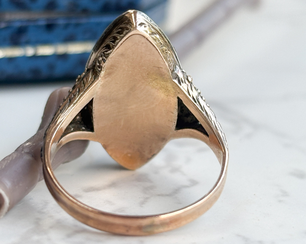 early Victorian cobalt blue enamel and old cut diamond navette ring for sale in Leeds, set in 15ct gold, showing back of the ring