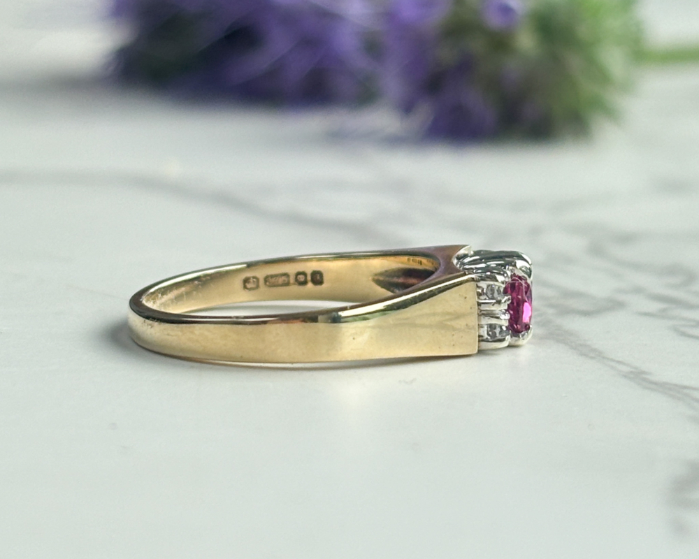 vintage 9ct gold ruby and diamond ring for sale, showing side view