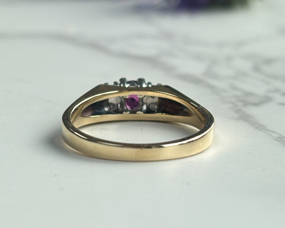 vintage 9ct gold ruby and diamond ring for sale, showing reverse of the ring