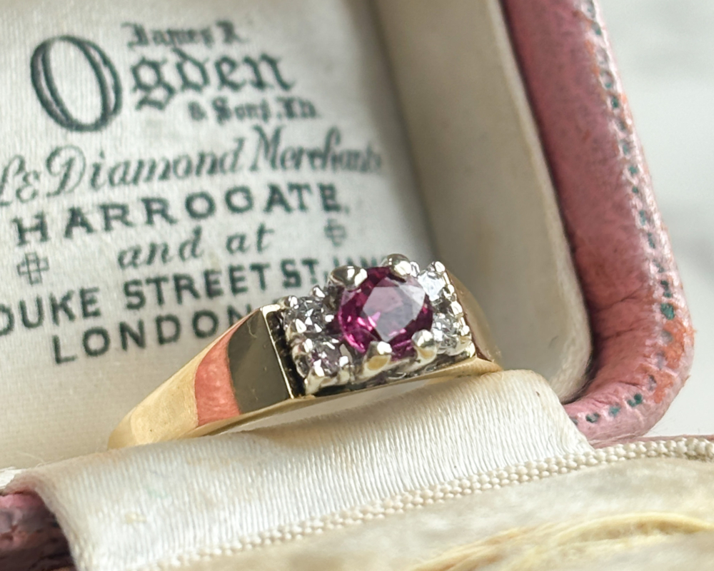 vintage 9ct gold ruby and diamond ring for sale, in pink box