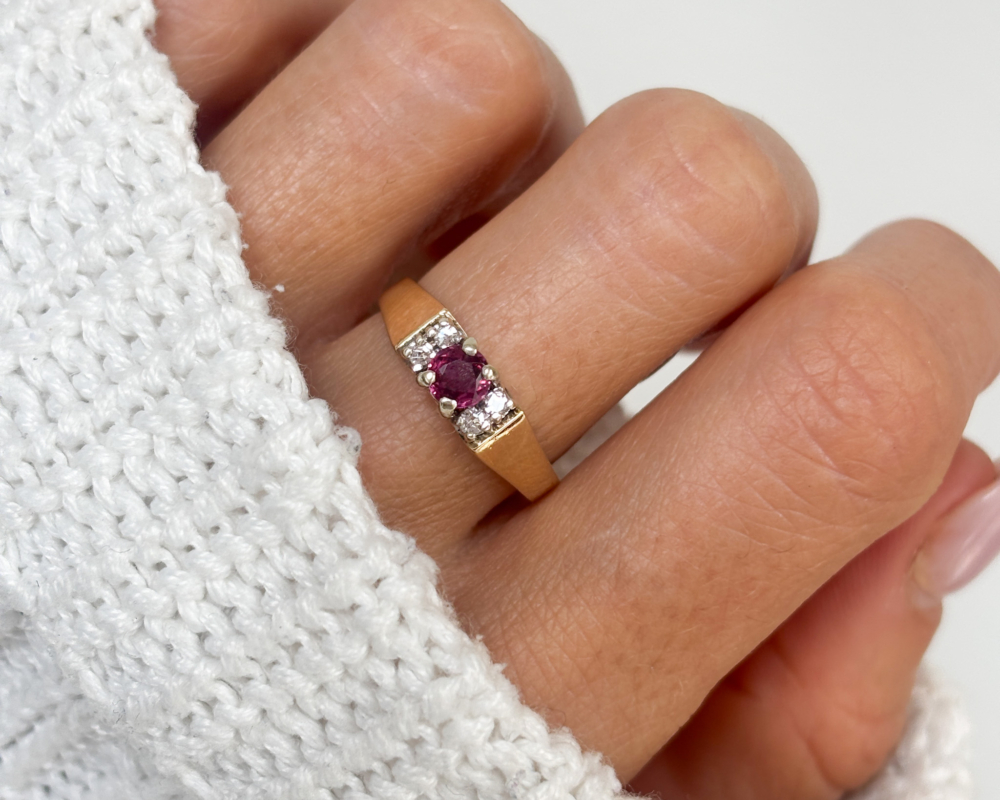 vintage 9ct gold ruby and diamond ring for sale, shown on lady's finger