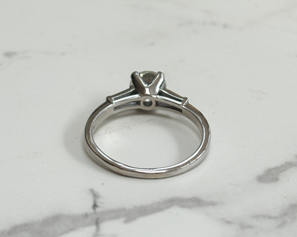 art deco diamond solitaire ring with baguette diamond shoulders 1.04ct for sale in Leeds, UK, showing back view
