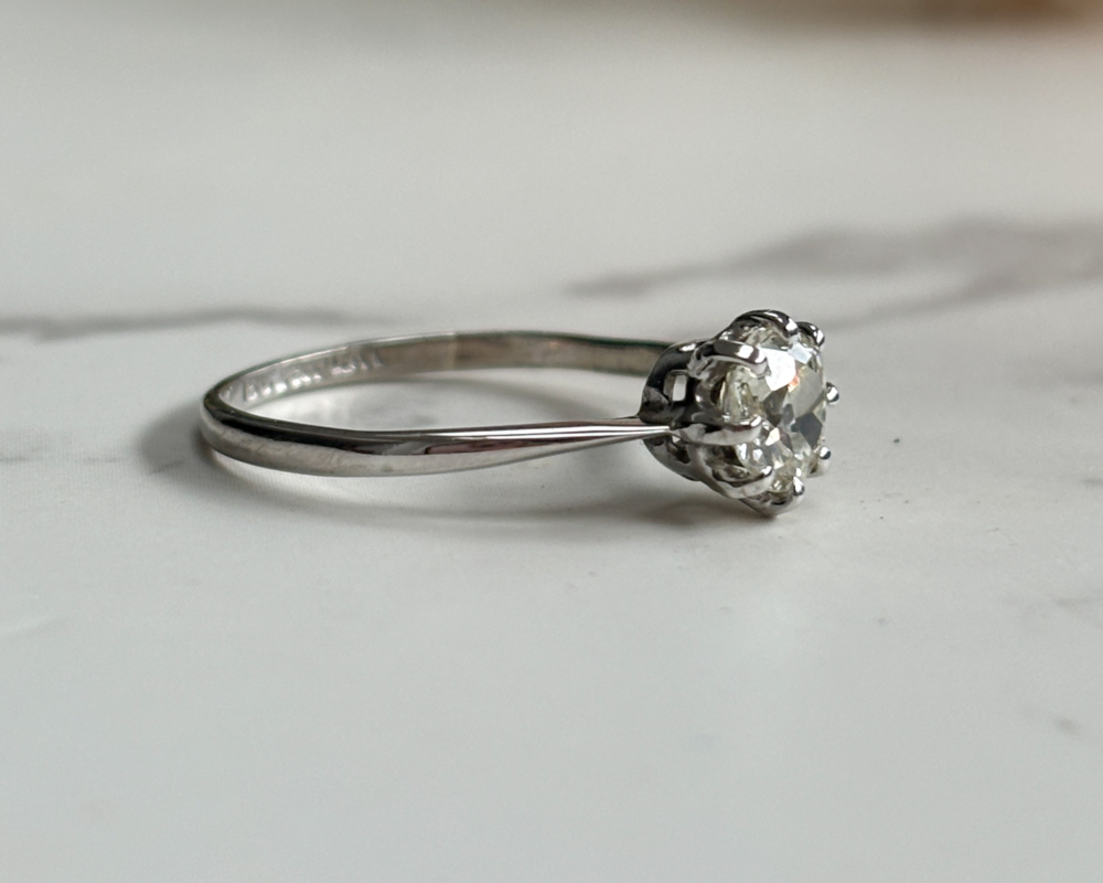 antique Edwardian diamond solitaire ring 0.5ct in 18ct white gold and platinum for sale in Leeds, UK, showing side profile