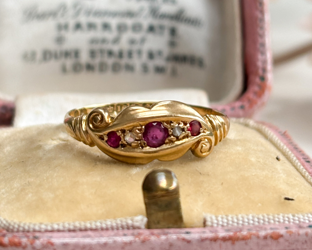 Antique Edwardian 18ct gold, ruby and diamond ring with Chester hallmark, for sale in Leeds, UK, shown in box