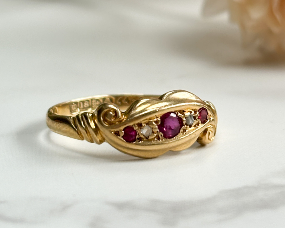 Antique Edwardian 18ct gold, ruby and diamond ring with Chester hallmark, for sale in Leeds, UK