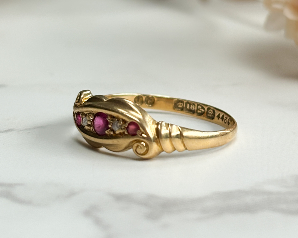 Antique Edwardian 18ct gold, ruby and diamond ring with Chester hallmark, for sale in Leeds, UK, showing side of the ring