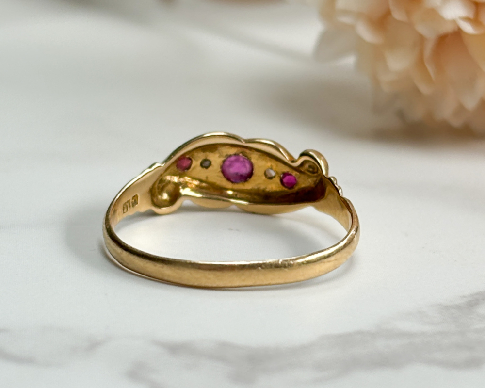Antique Edwardian 18ct gold, ruby and diamond ring with Chester hallmark, for sale in Leeds, UK, showing back of the ring