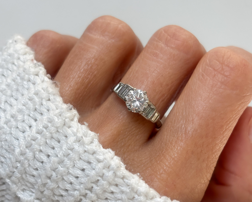 antique Art Deco diamond solitaire ring with baguette diamond shoulders 1.5ct total. For sale in Leeds, UK