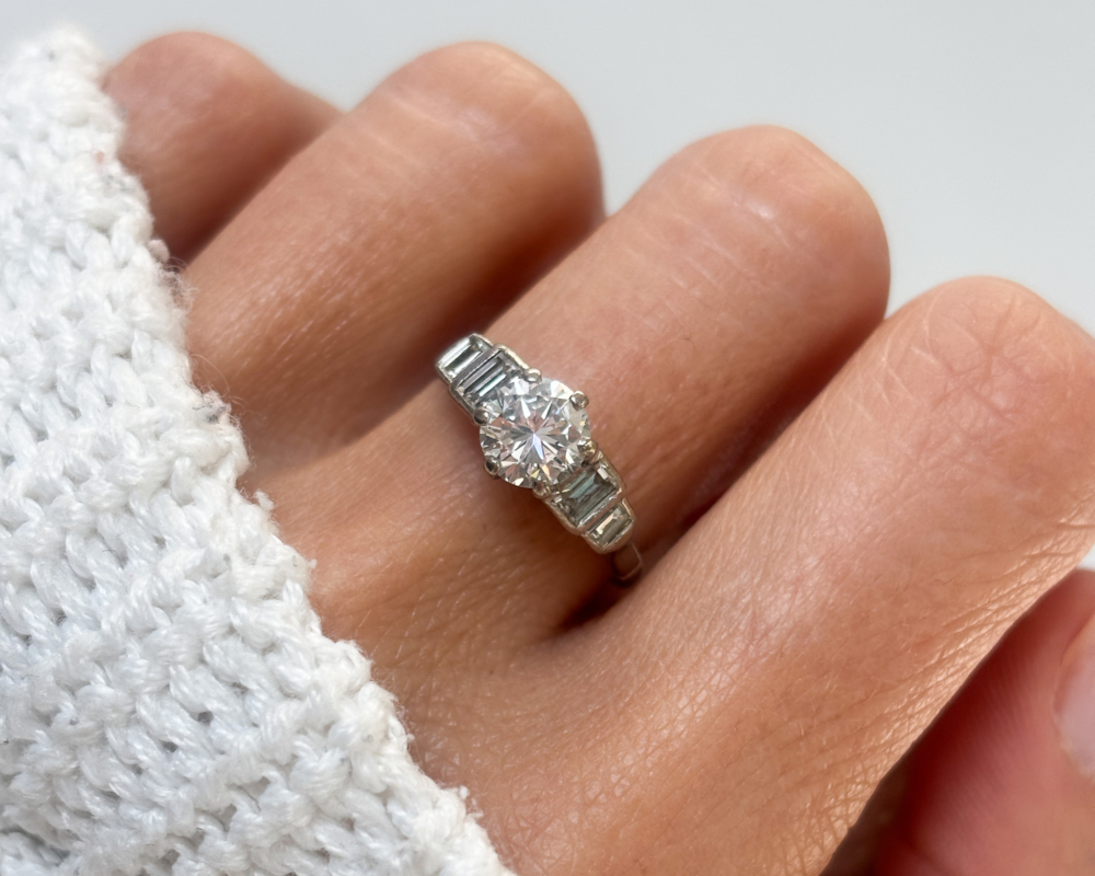 antique Art Deco diamond solitaire ring with baguette diamond shoulders 1.5ct total. For sale in Leeds, UK