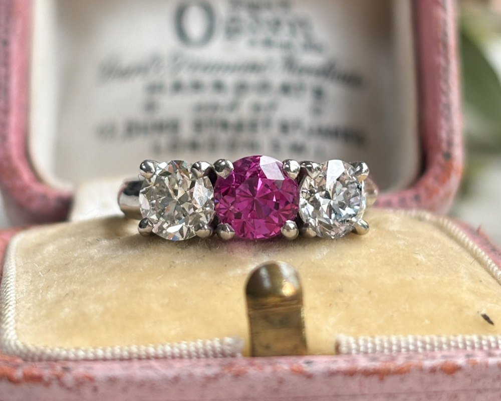1940s untreated and natural pink sapphire and diamond three stone ring in platinum, for sale in Leeds, Yorkshire